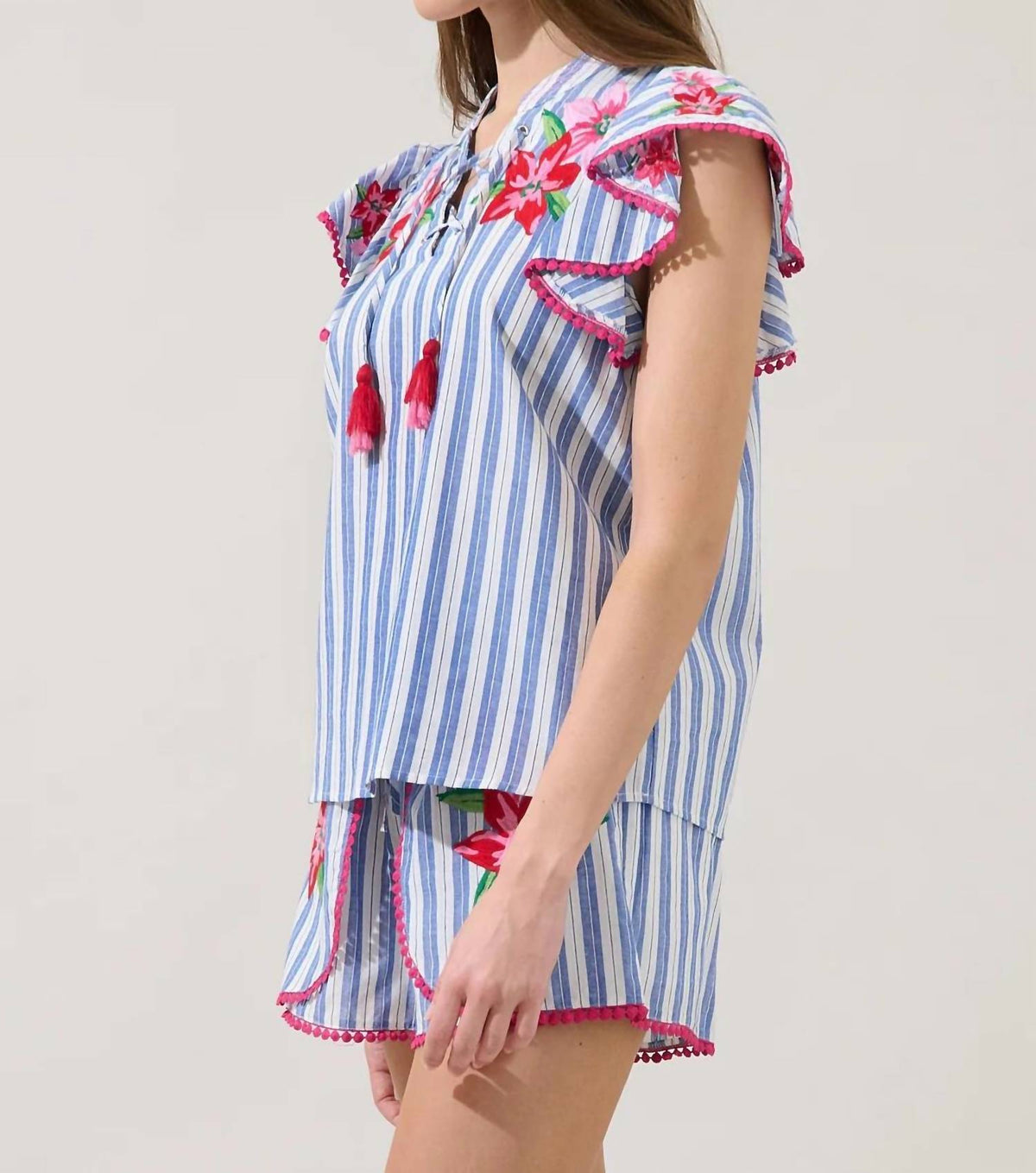 Sugarlips - Grisa Striped Tassel Trim Top