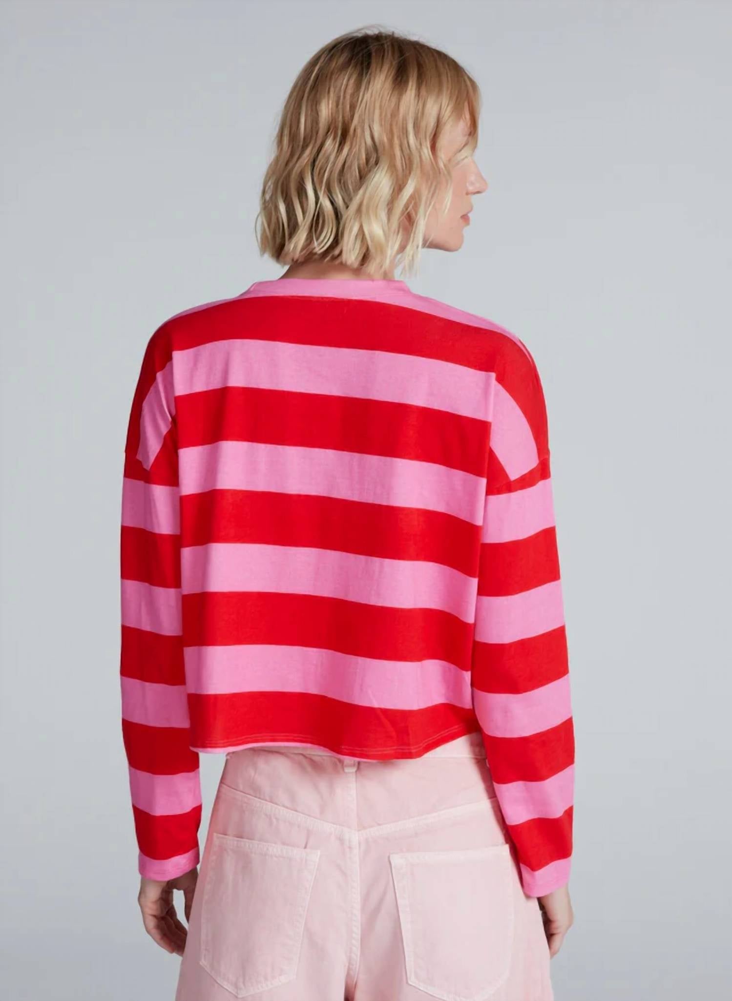 ASKK NY Cropped Long Sleeve Shirt in pink and red - women's long sleeve top - detail view