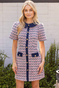 Voy - Full Button Down Contrast Collared Tweed Dress
