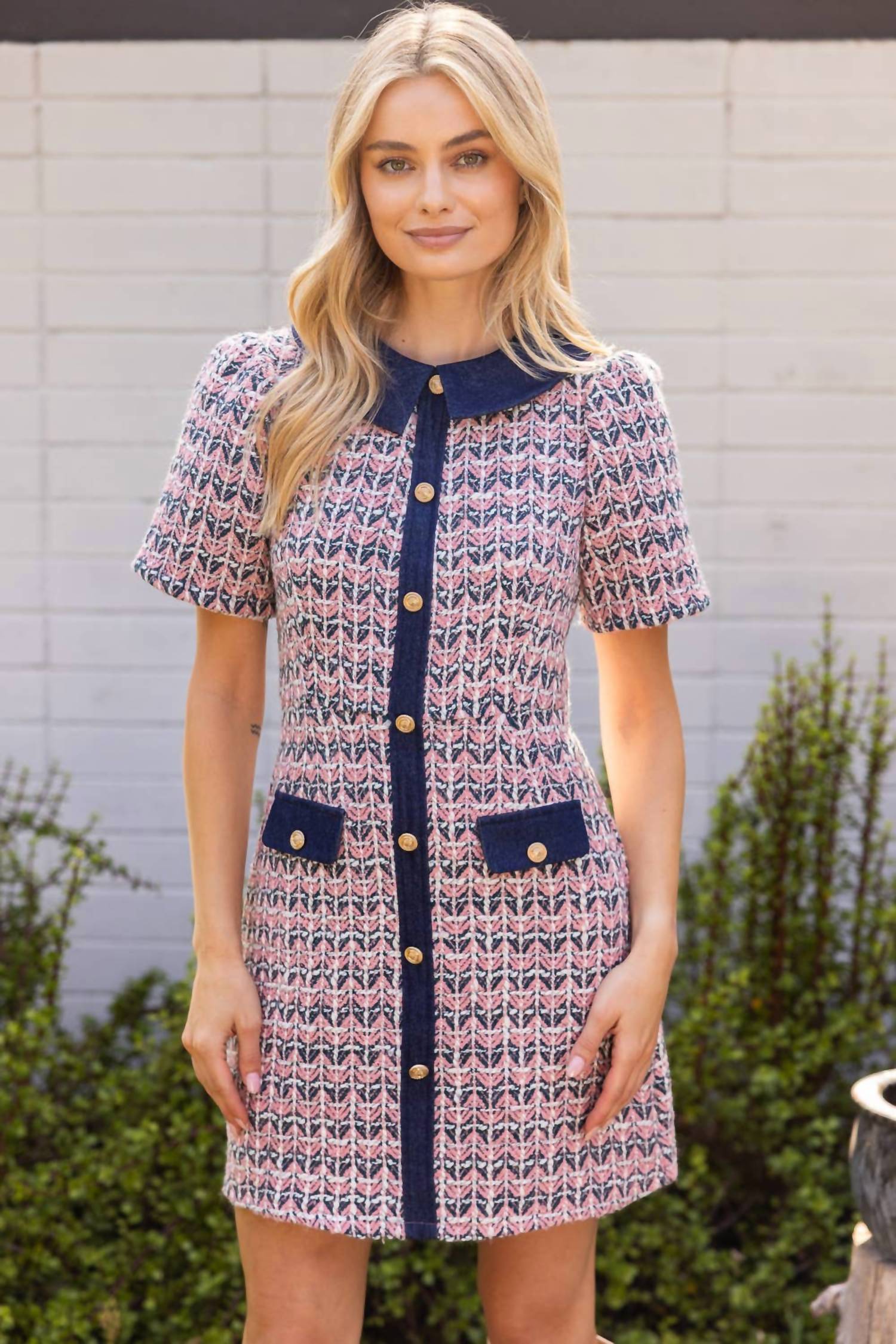 Voy - Full Button Down Contrast Collared Tweed Dress