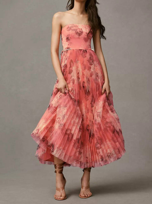Hutch - Costella Strapless Pleated Floral Tulle Midi Dress