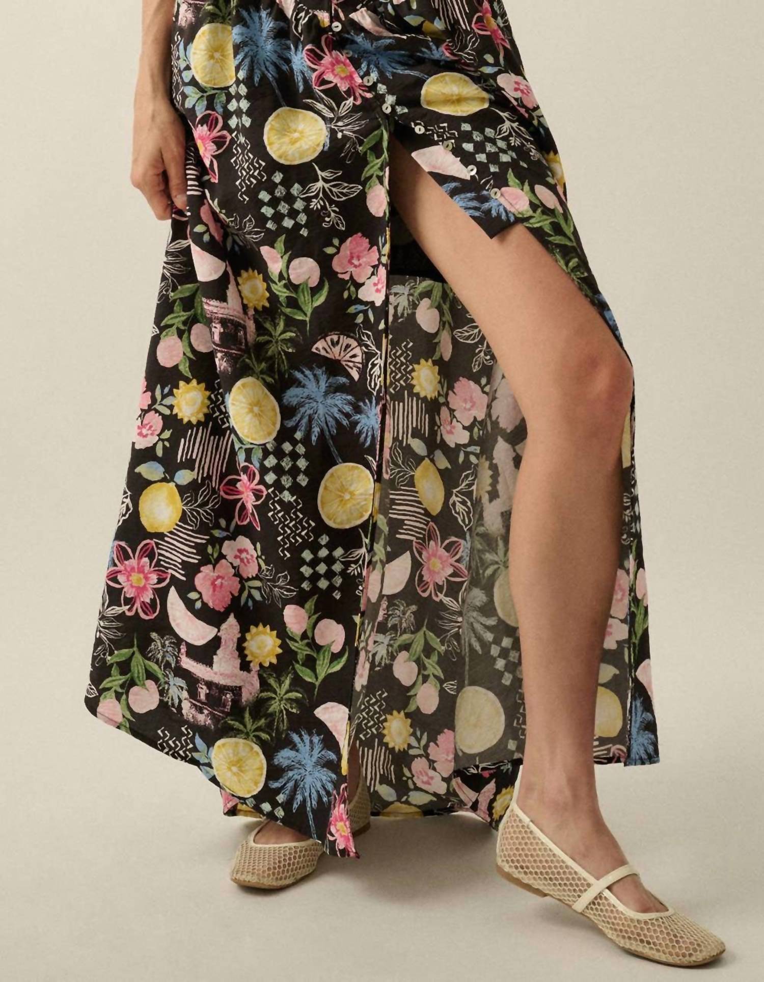 PROMESA Fruit And Floral-print Button-front Maxi Skirt in black - women's skirt