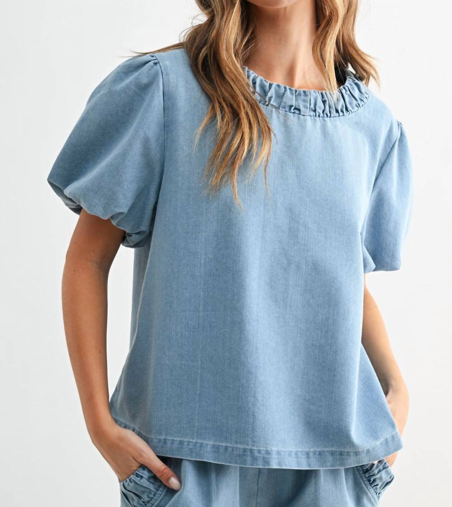 Joh Denna Puff Sleeve Top in denim - women's blouse