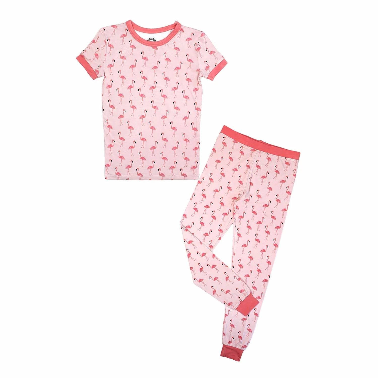 Emerson And Friends - Kid's Fancy Flamingos Two-piece Bamboo Short Sleeve Pajama Pants Set