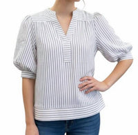 She + Sky - Bubble Sleeve Striped Woven Top