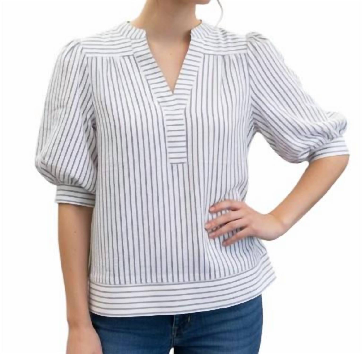 She + Sky - Bubble Sleeve Striped Woven Top