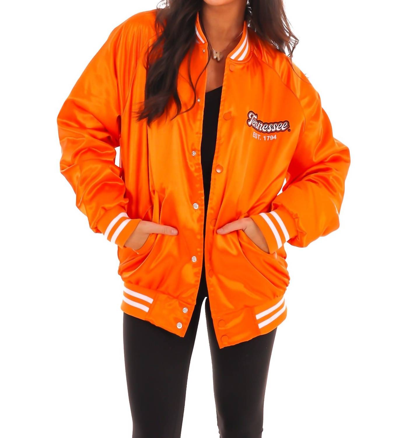LivyLu Vols Embroidered Satin Jacket in orange - women's jacket - alternate view