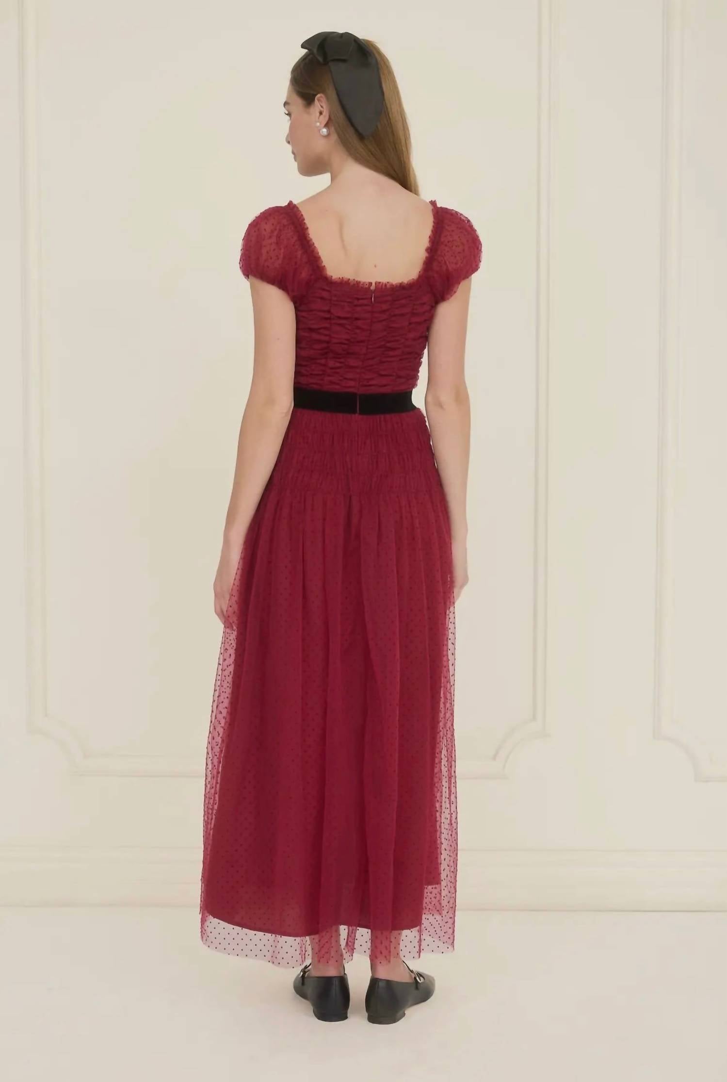 Moon River - Polka Dot Tulle Shirred Waist Velvet Midi Dress