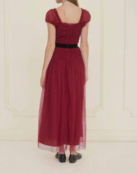 Moon River - Polka Dot Tulle Shirred Waist Velvet Midi Dress
