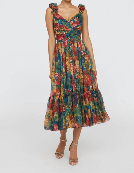 Theia - Tate Ruffle Shoulder Midi Dress