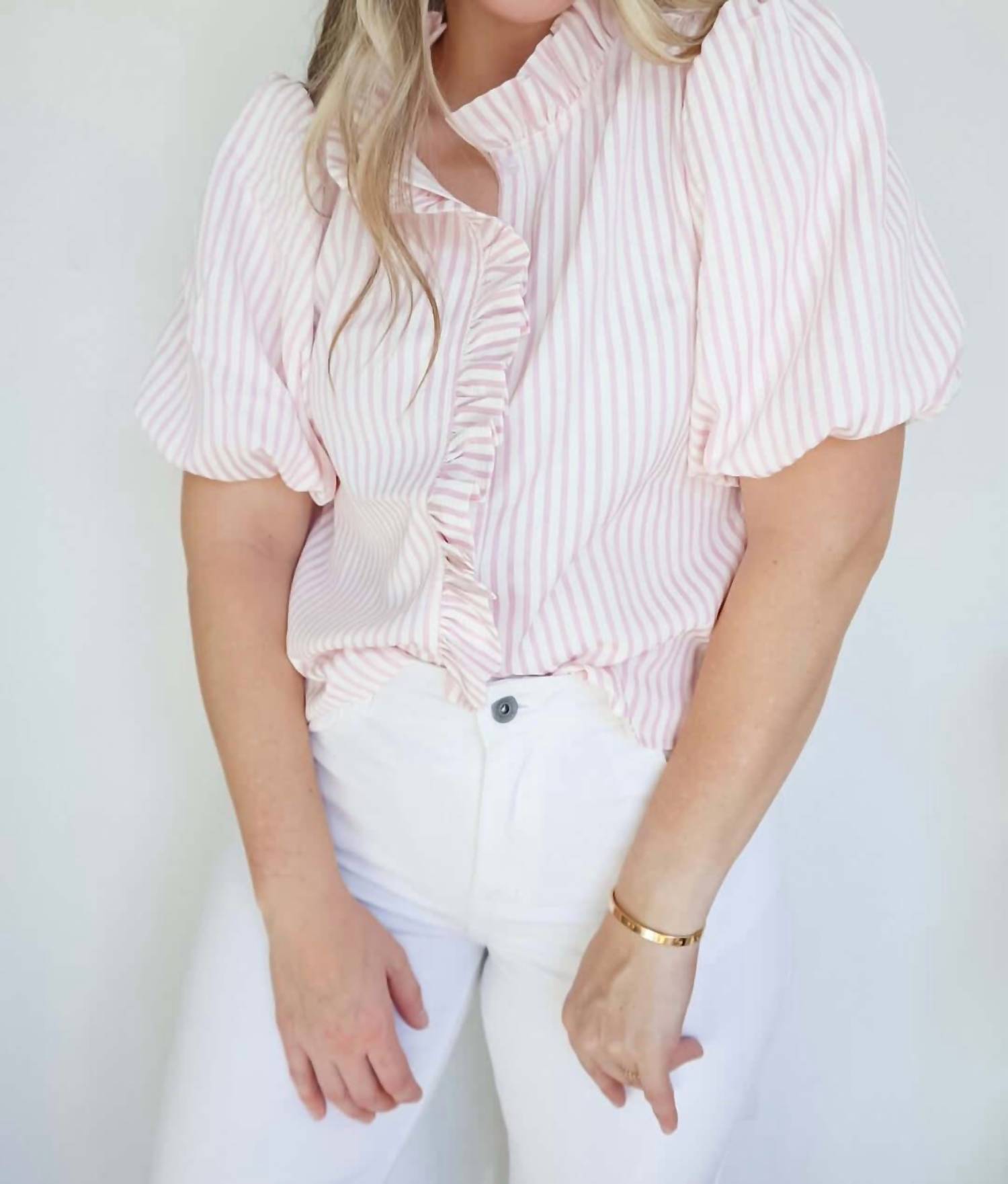 &Merci - Christina Striped Ruffled Button Down Top