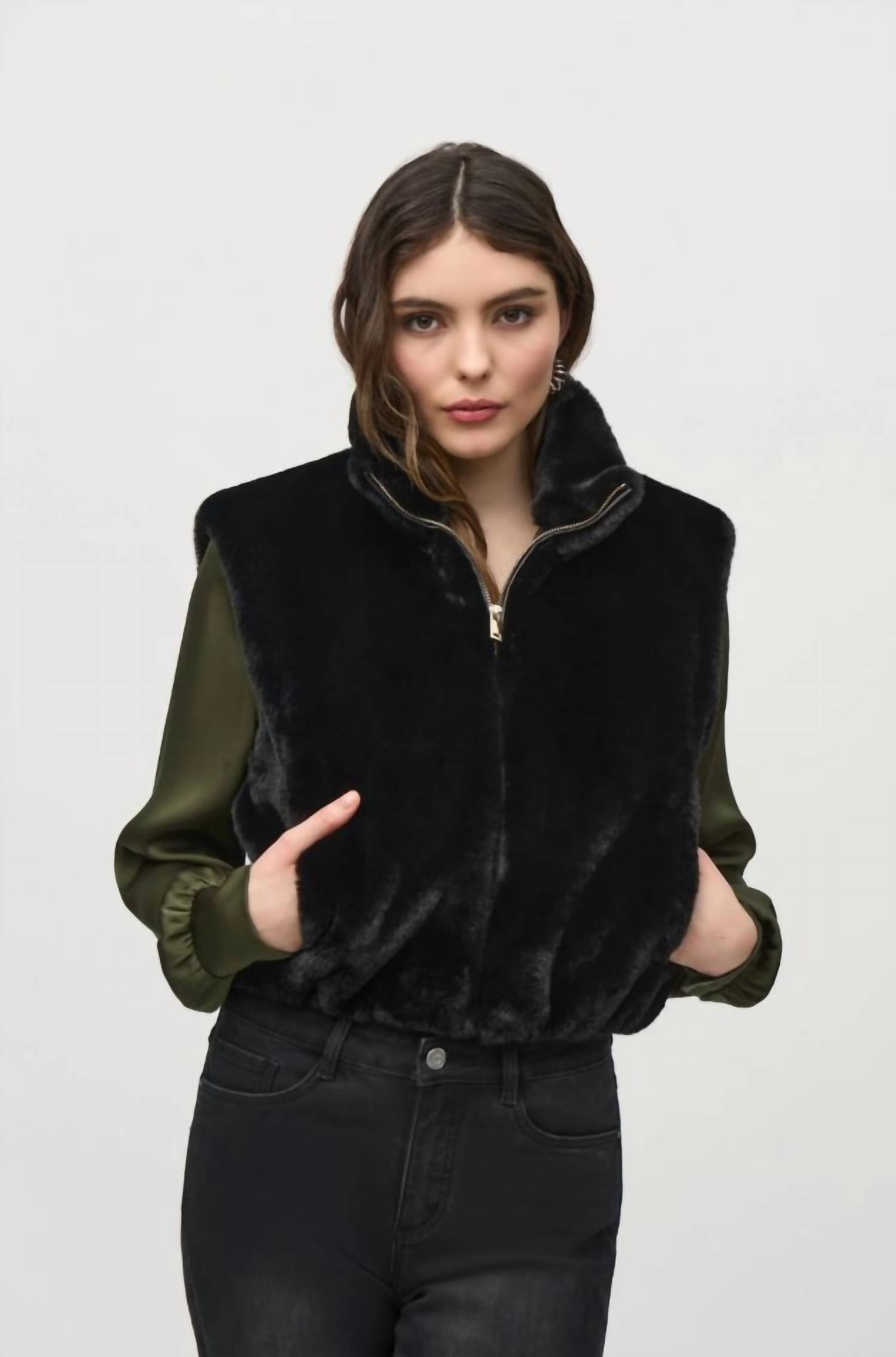 Joseph Ribkoff Faux-fur Sleeveless Cropped Vest in black - women's jacket