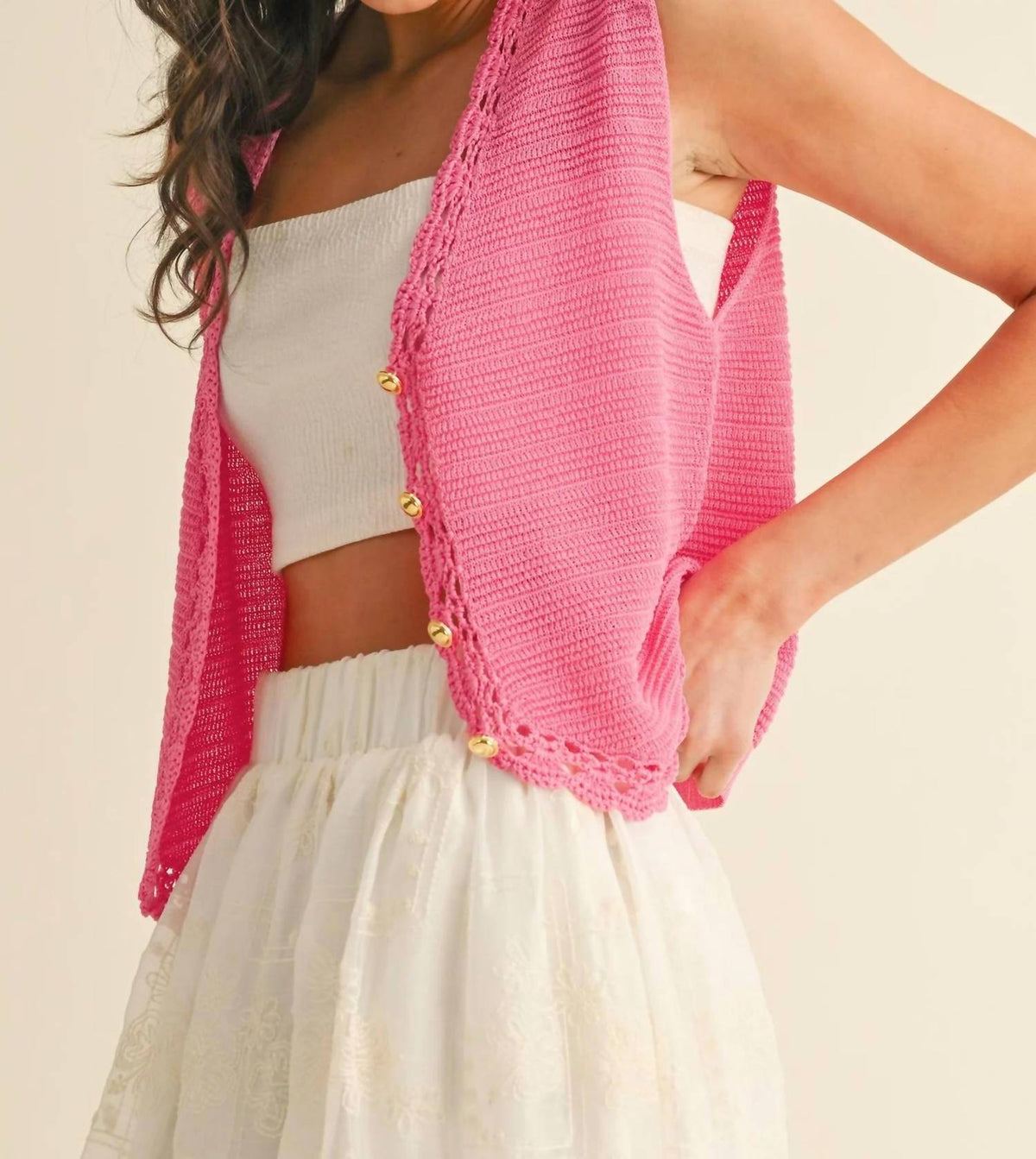 Anniewear - Crochet Trimmed Button Down Sweater Vest