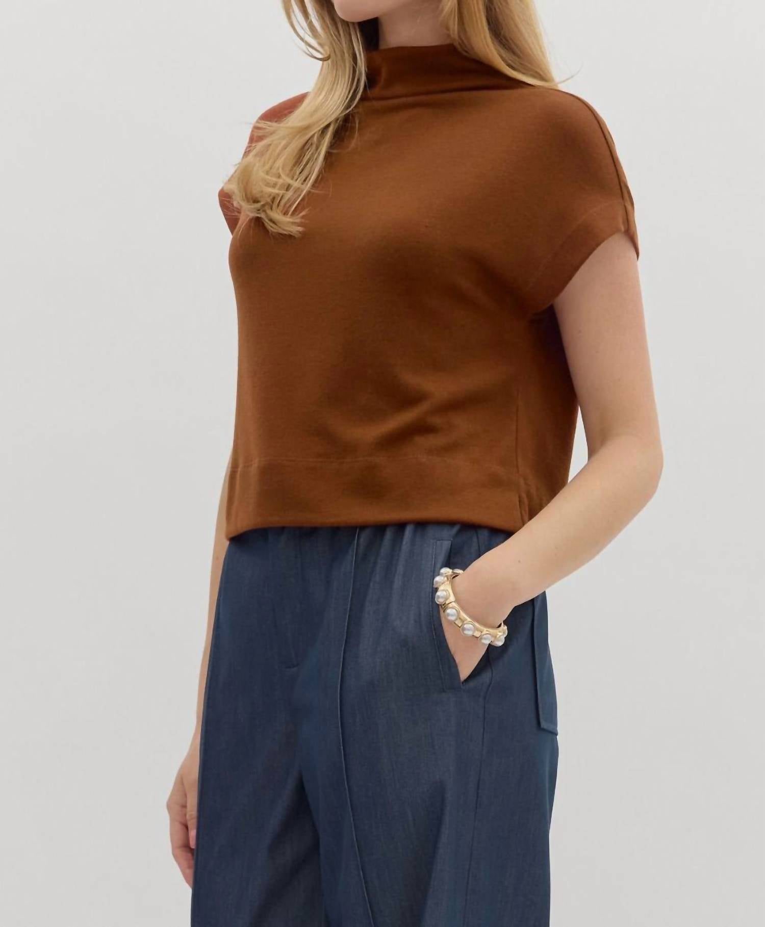 Entro - Solid Knit Mock Neck Pullover Top