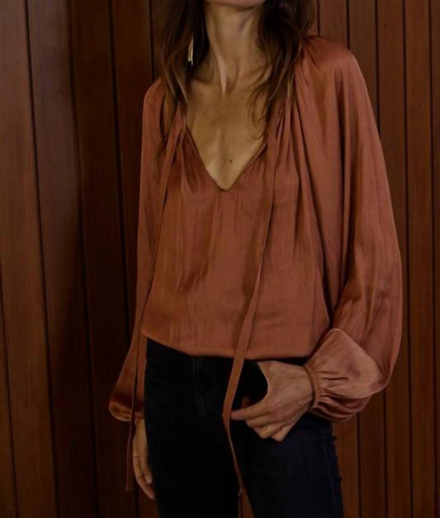 By Together Sue Satin Top in terracotta - women's blouse - alternate view