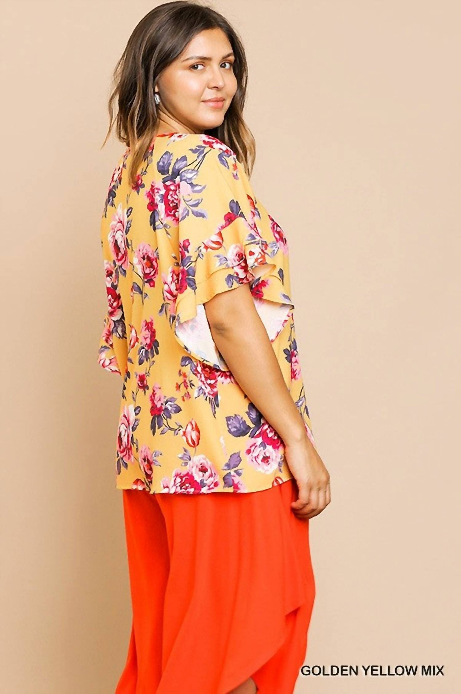 Umgee - Floral Ruffle Sleeve Blouse