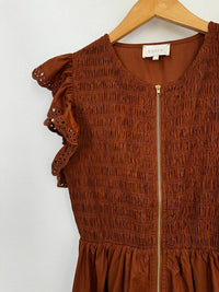 entro Women's Front Zippered Flutter Midi Dress in caramel - women's dress - detail view