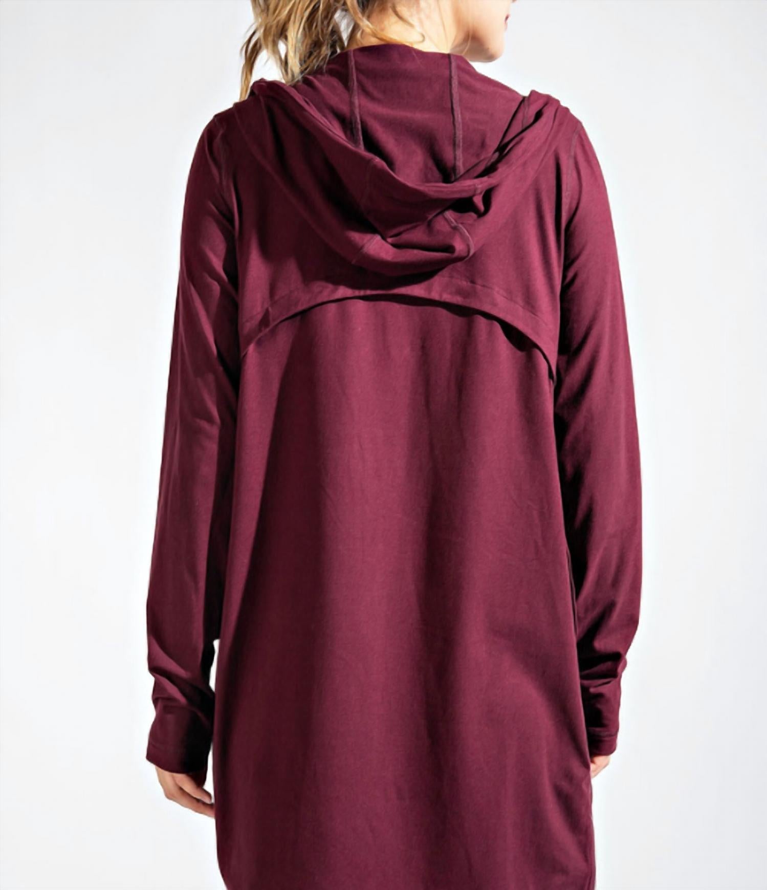 RAE MODE Long Hooded Active Jacket in cassis - women's top - detail view