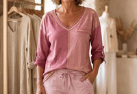 Made In Italy - Two Tone Long Sleeve V-neck Top