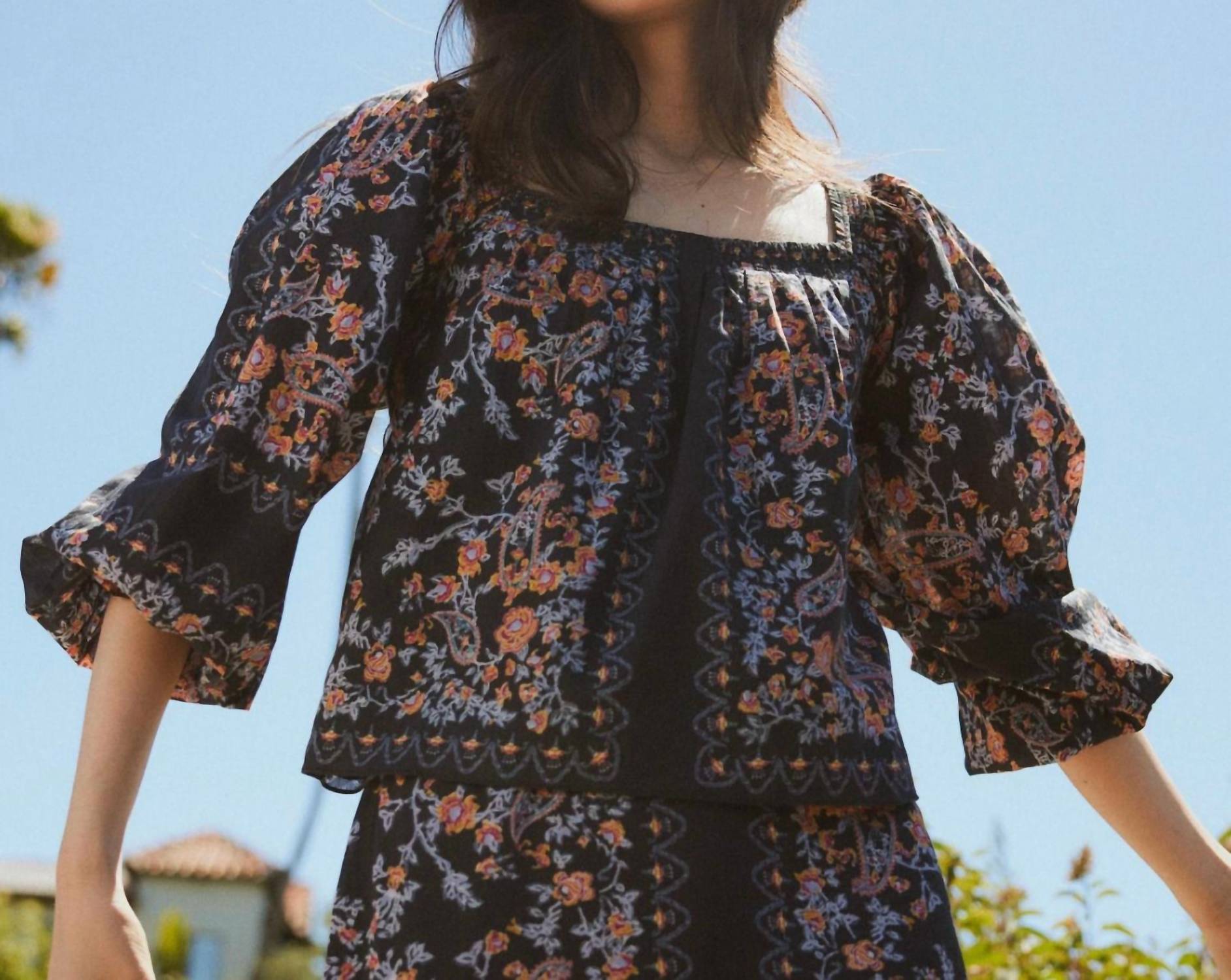 Cleobella Lucille Elasticized Cuffs Blouse in dark la ramos print - women's blouse - detail view