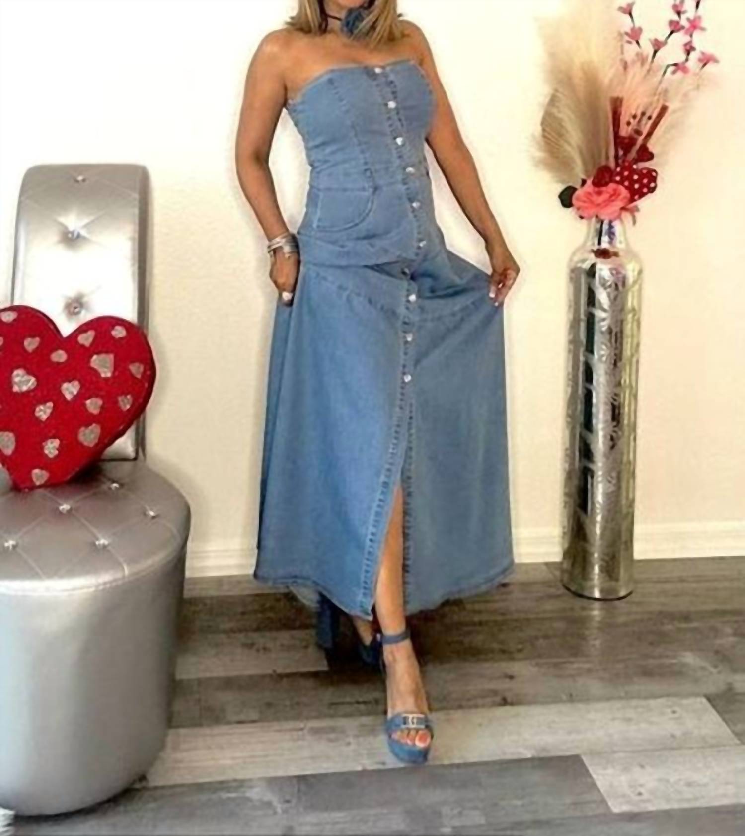 Lizette Collection - Button Down Denim Maxi Dress