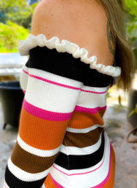 Wlm - Off-Shoulder Knit Stripes Midi Dress