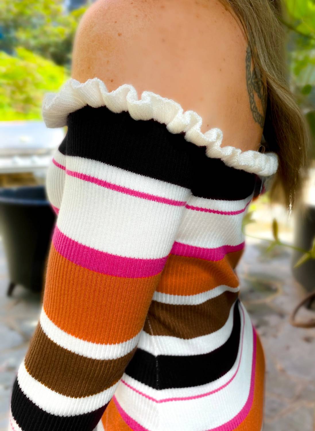 Wlm - Off-Shoulder Knit Stripes Midi Dress