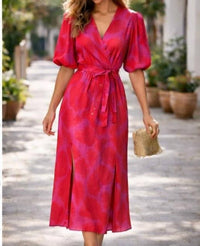 Maggy London Puff Sleeve Floral Midi Dress in pink - women's dress