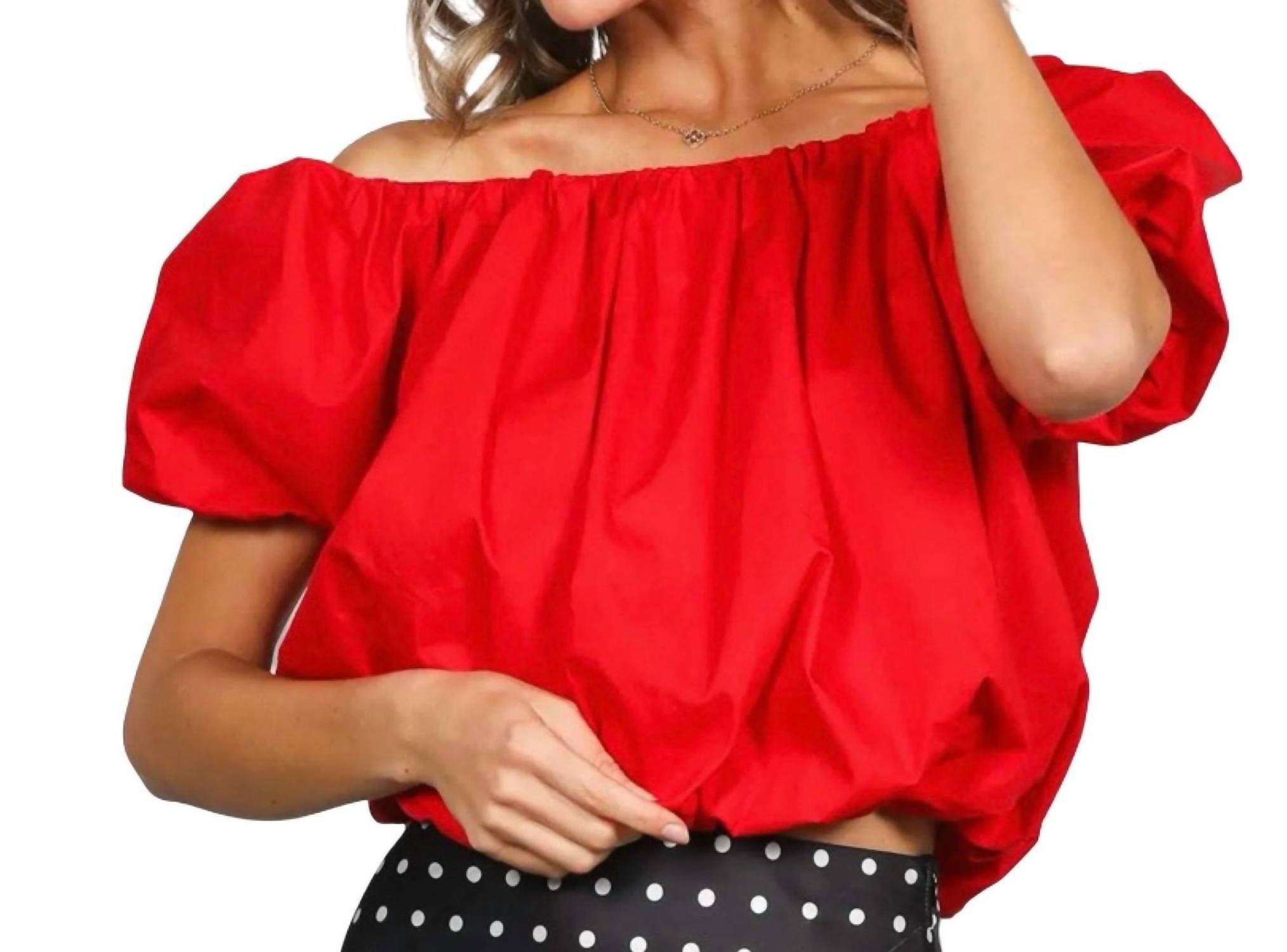 Vine & Love Bubble Sleeve Cotton Balloon Bottom Top in red - women's blouse