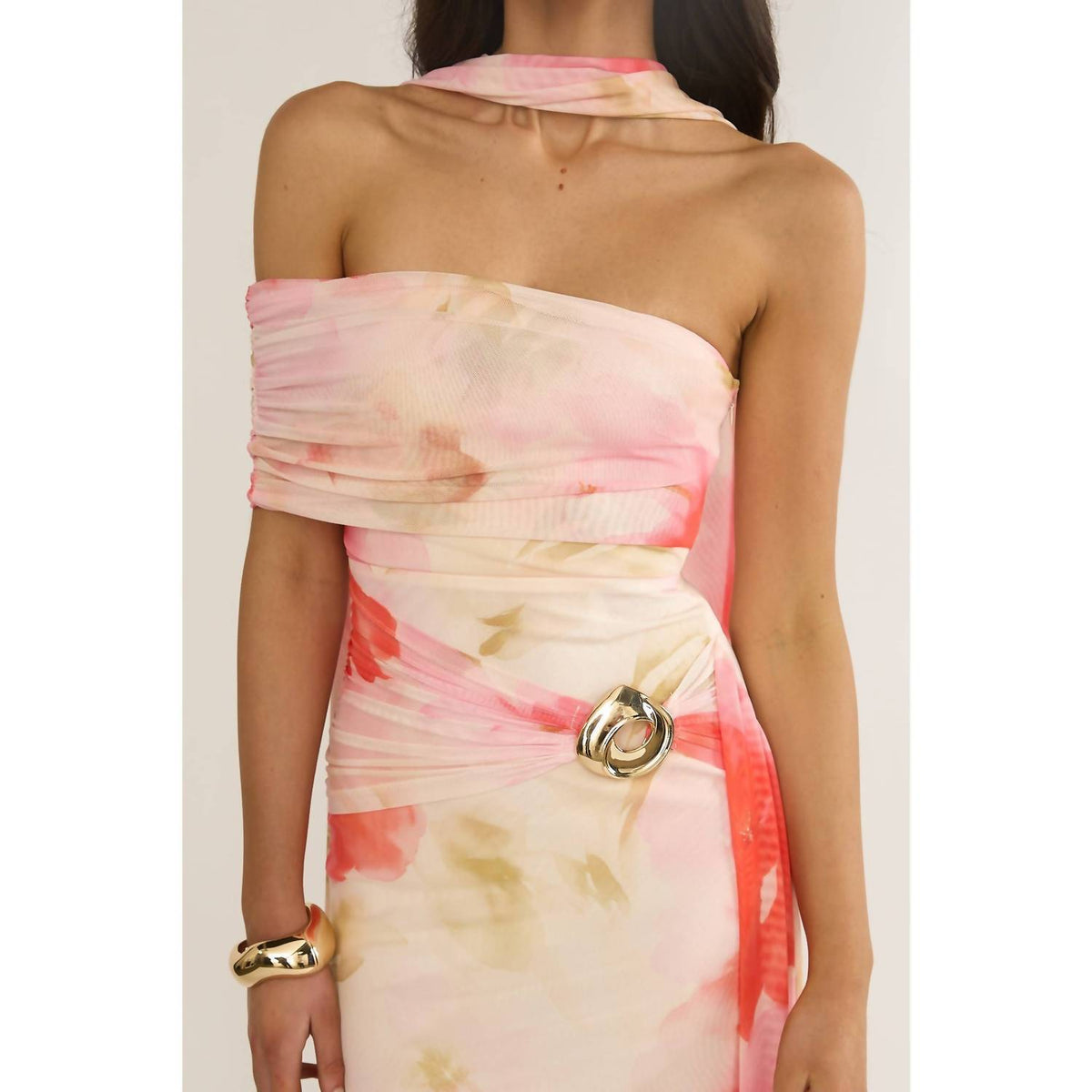 One And Only Collective - Strapless One Shoulder Floral Midi Dress