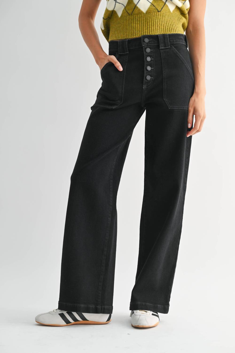 JUST BLACK DENIM Button Down Slim Wide Leg Jean in black - women's jeans