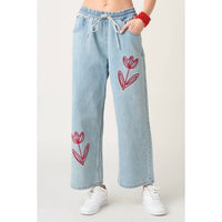 mittoshop Ainsley Tulip Embroidery Wide Leg Jeans in light wash - women's jeans