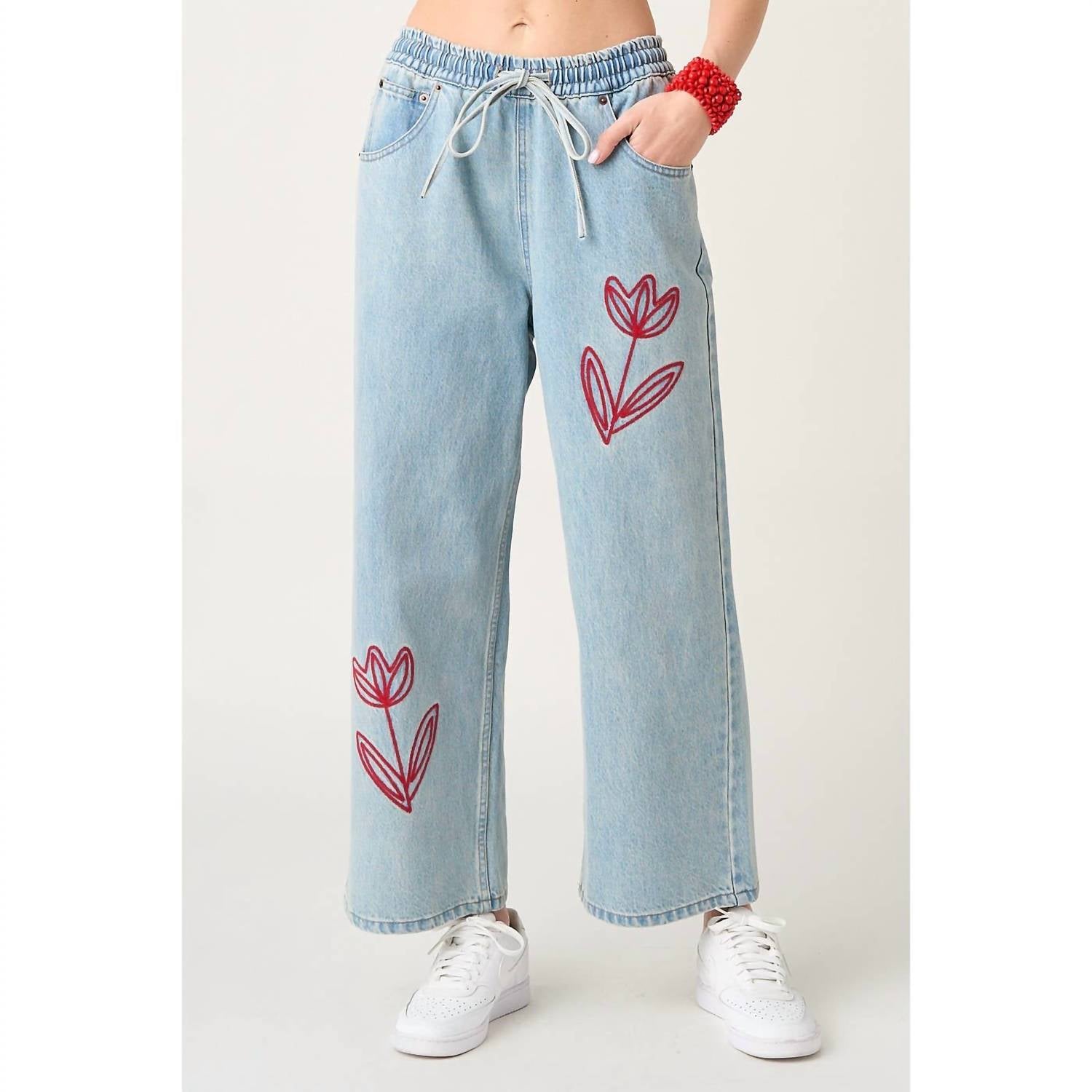 mittoshop Ainsley Tulip Embroidery Wide Leg Jeans in light wash - women's jeans