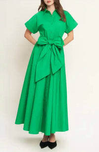 Flying Tomato - Tie Waist Bow Cotton Button Front Maxi Shirt Dress