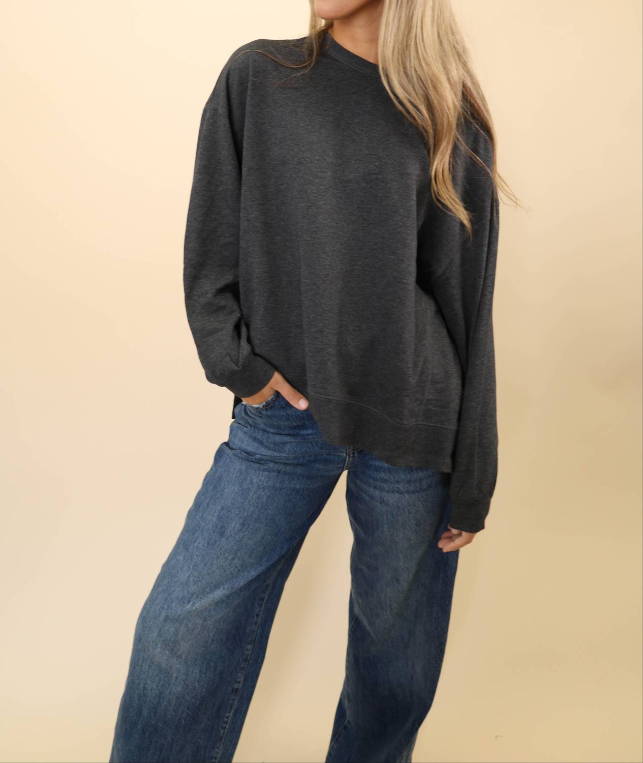Z Supply Modern Weekender Sweater Top in charcoal heather - women's sweater - detail view