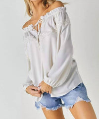 DAVI & DANI Lace Whisper Tie-Front Top in off white - women's blouse - alternate view