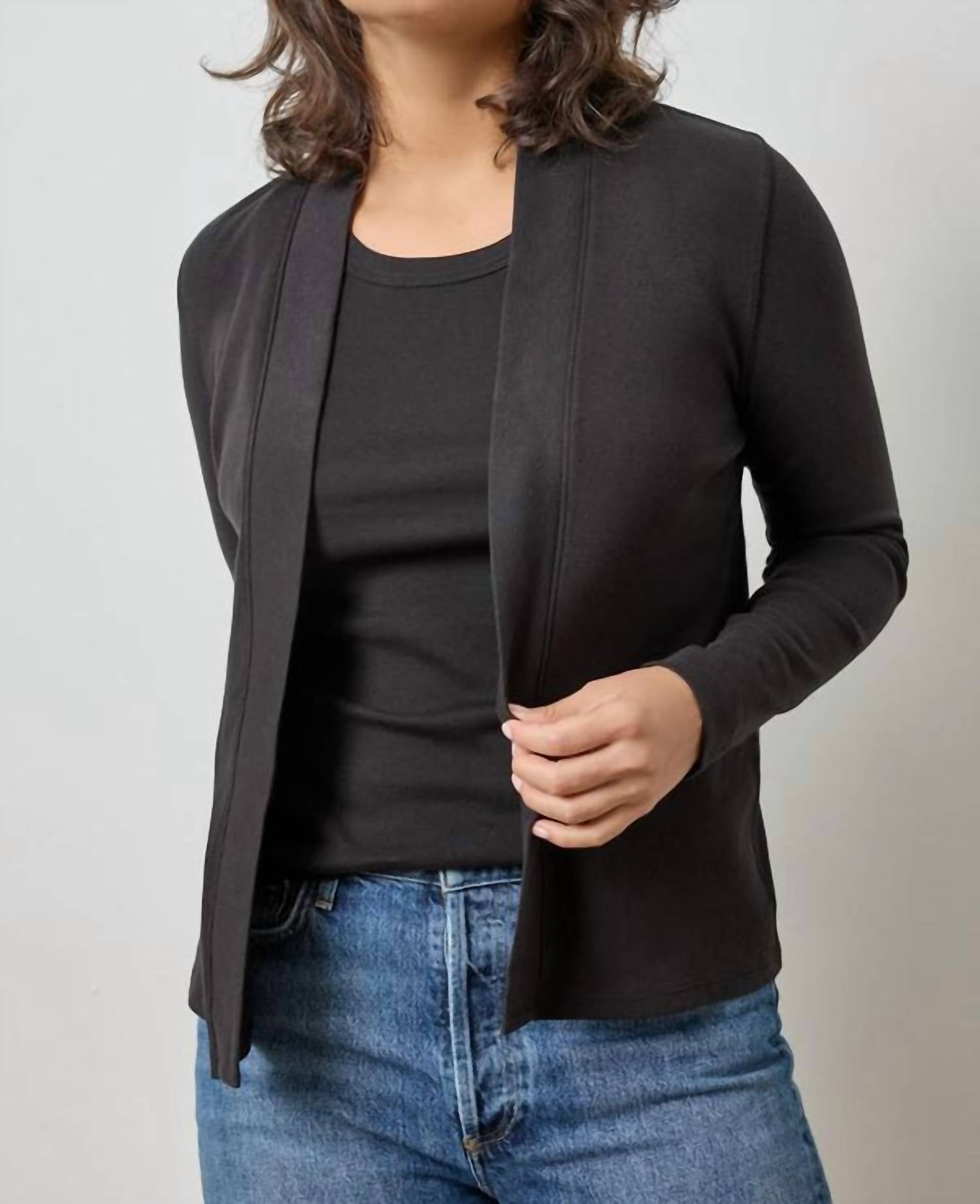 Lilla P Classic Ribbed Cardigan in black - women's cardigan - detail view