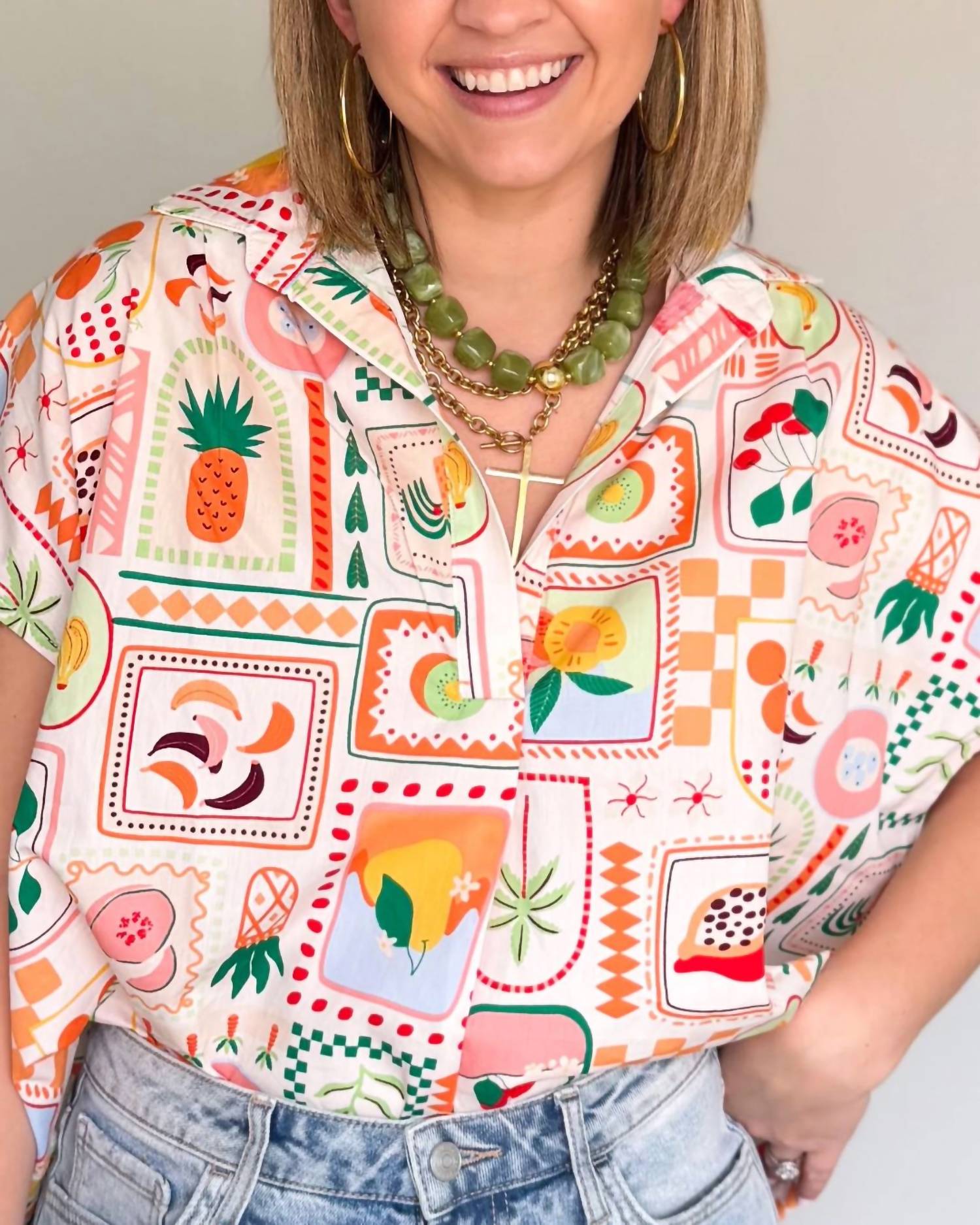 Karlie Fruit Basket Signature Top in ivory multi - women's blouse - detail view