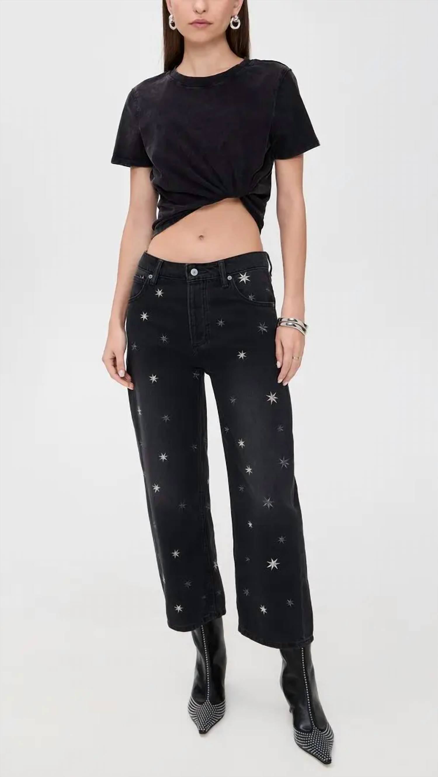 Free People Deep Trance Shine Embroidered Dropped Boyfriend Jeans in blue - women's jeans