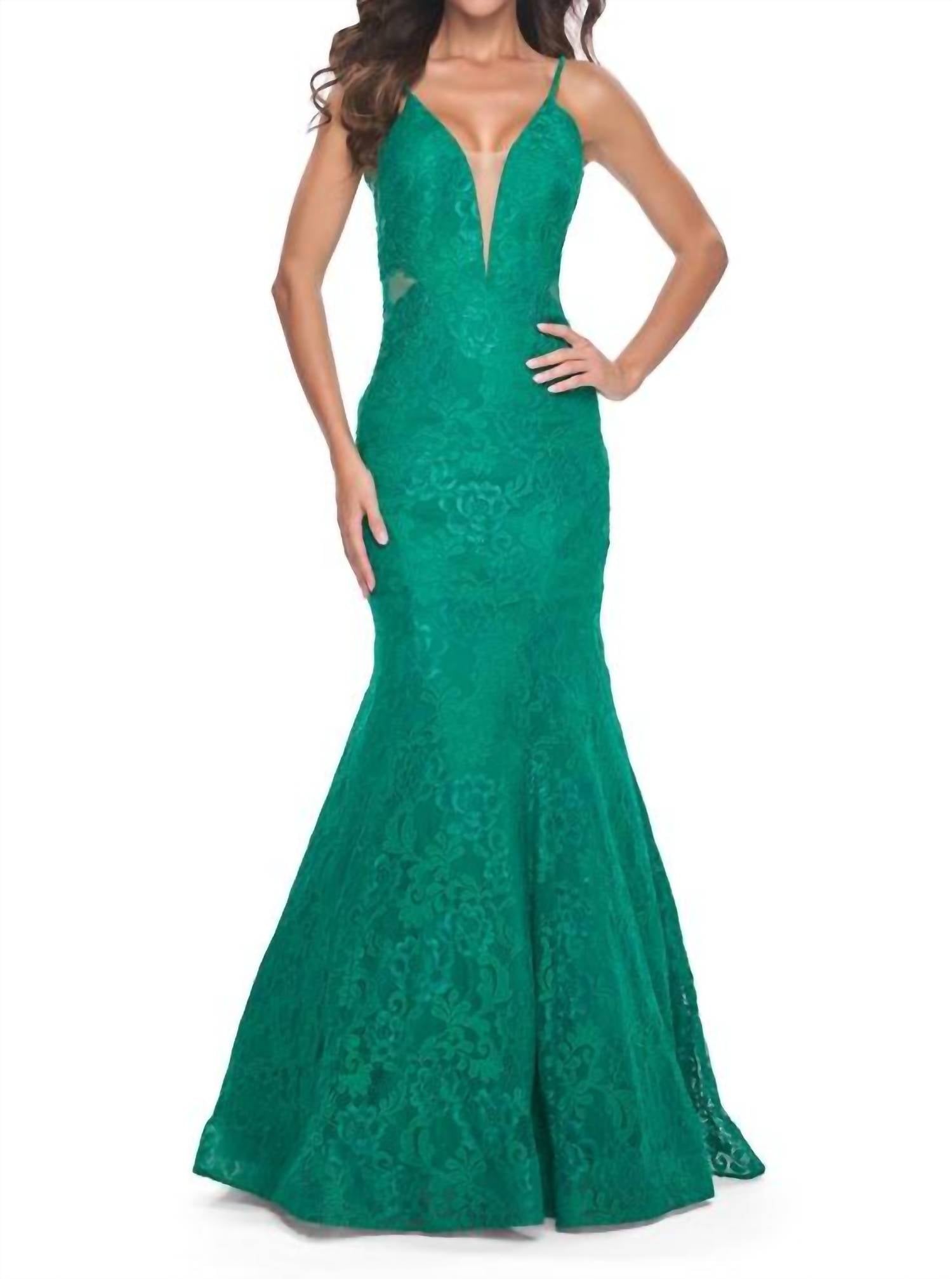 La Femme Lace Mermaid Rhinestone Gown in jade - women's dress