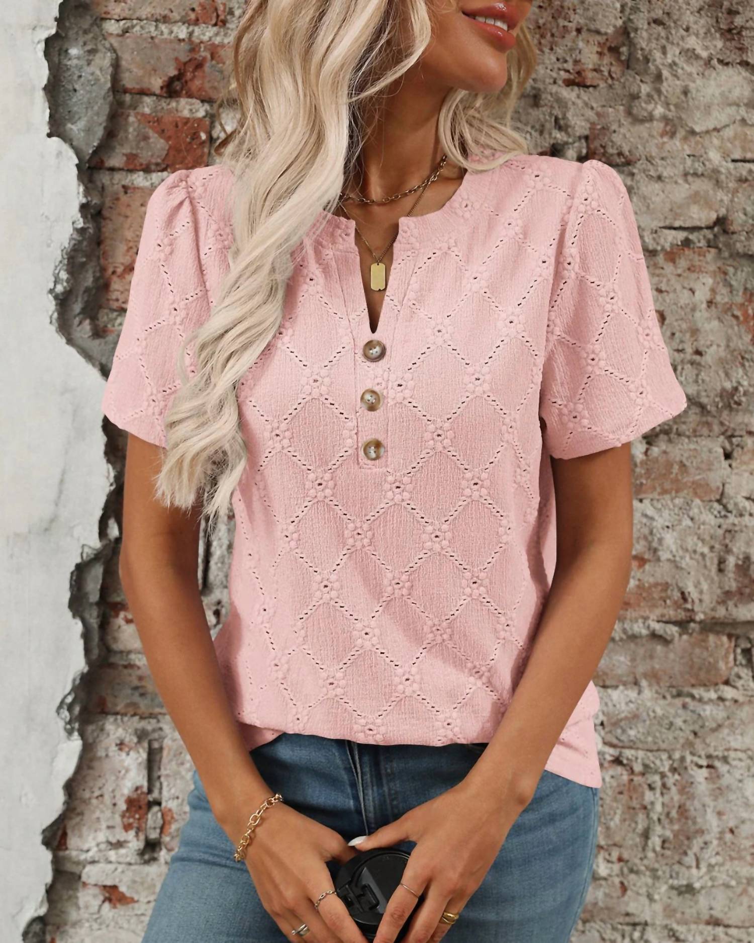 Trendsi - Eyelet Notched Short Sleeve Top