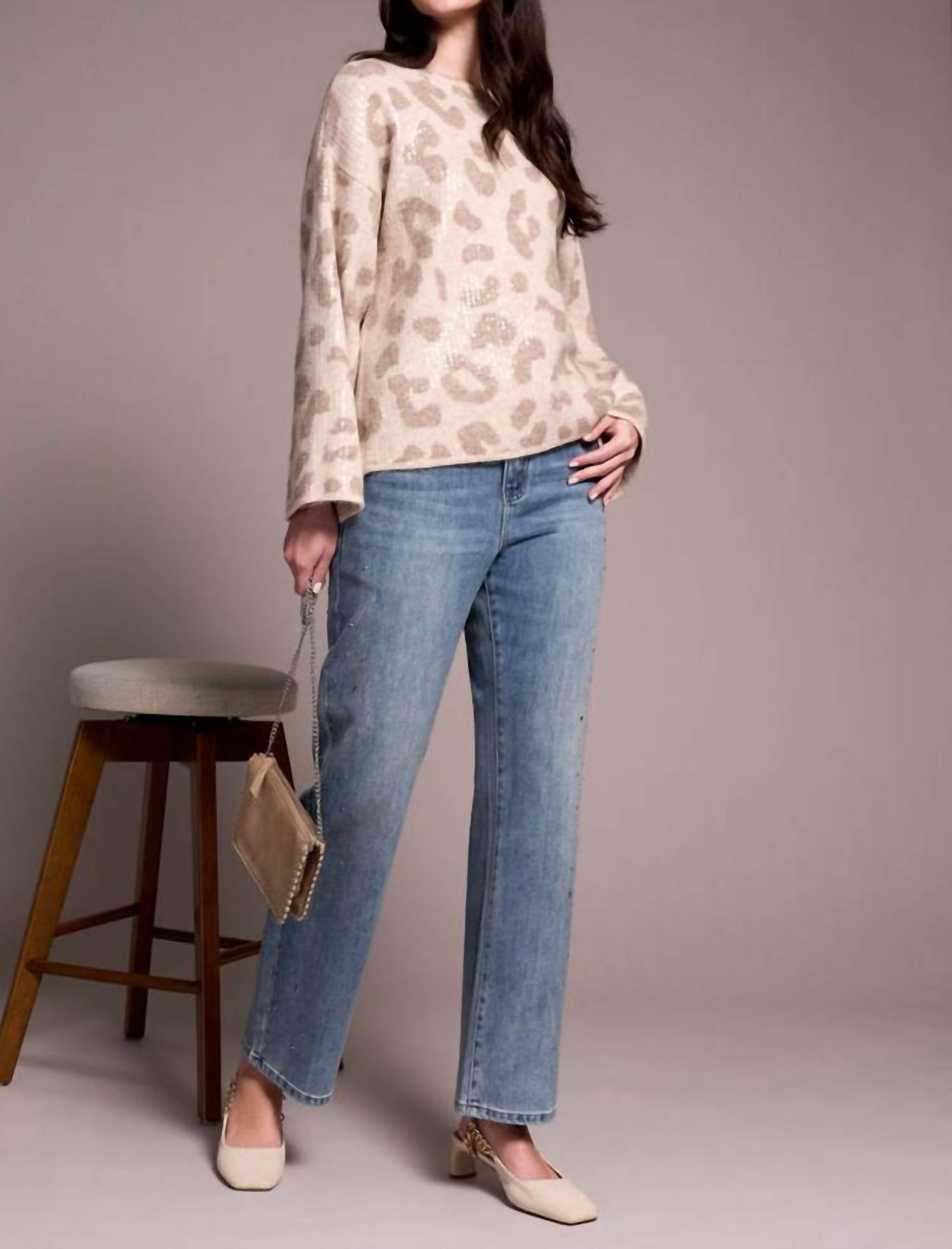 Tribal - Sequin Animal Print Crew Neck Jacquard Sweater