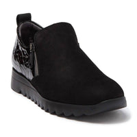 Munro Women's Kit Side Zippers Loafer in black nubuck enboss patent - women's flats - detail view