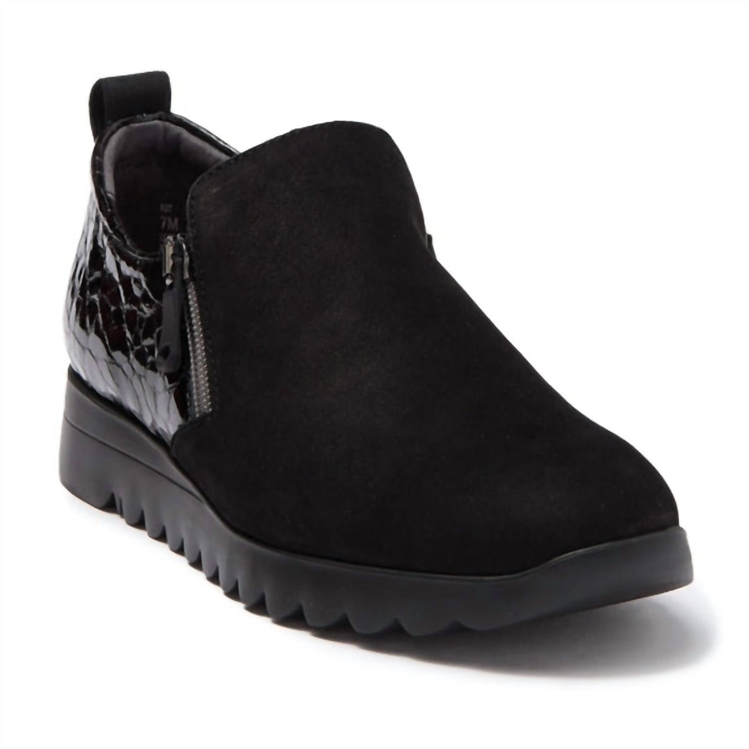 Munro Women's Kit Side Zippers Loafer in black nubuck enboss patent - women's flats - detail view