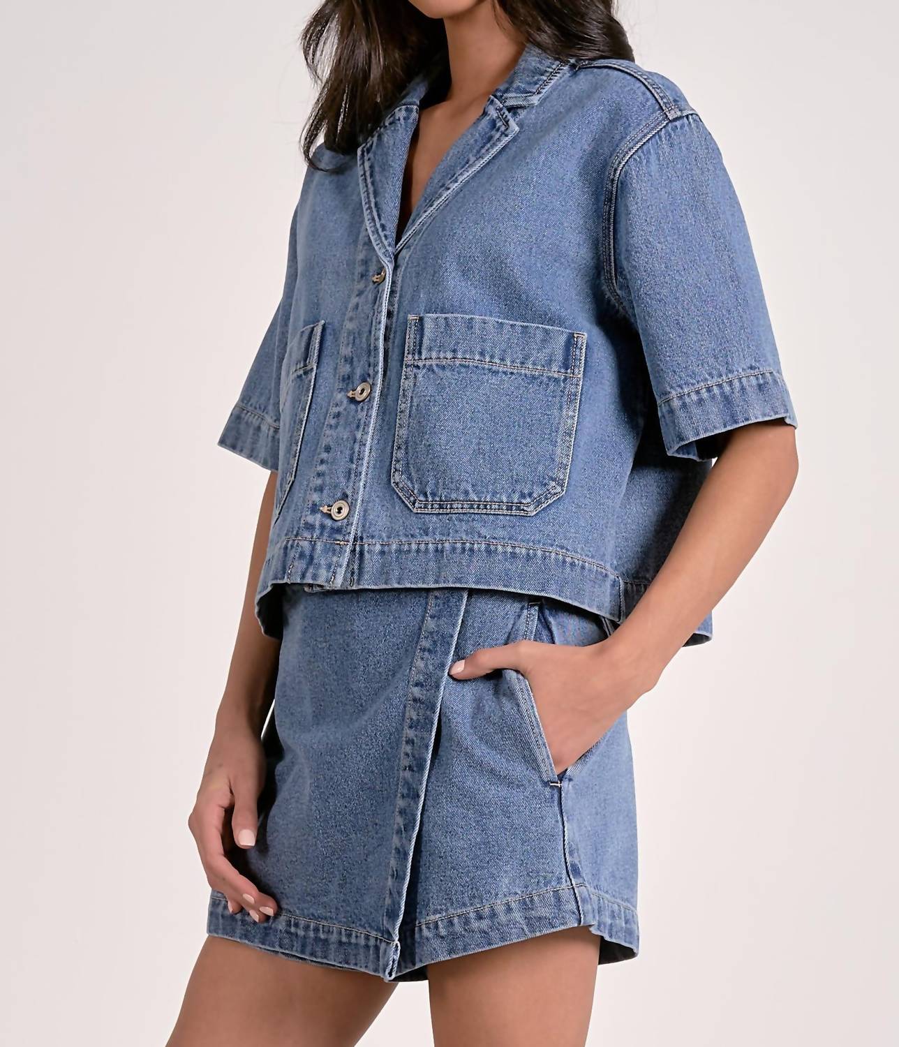 ELAN Short Sleeve Pocket Shirt in denim mid wash - women's shirt - alternate view