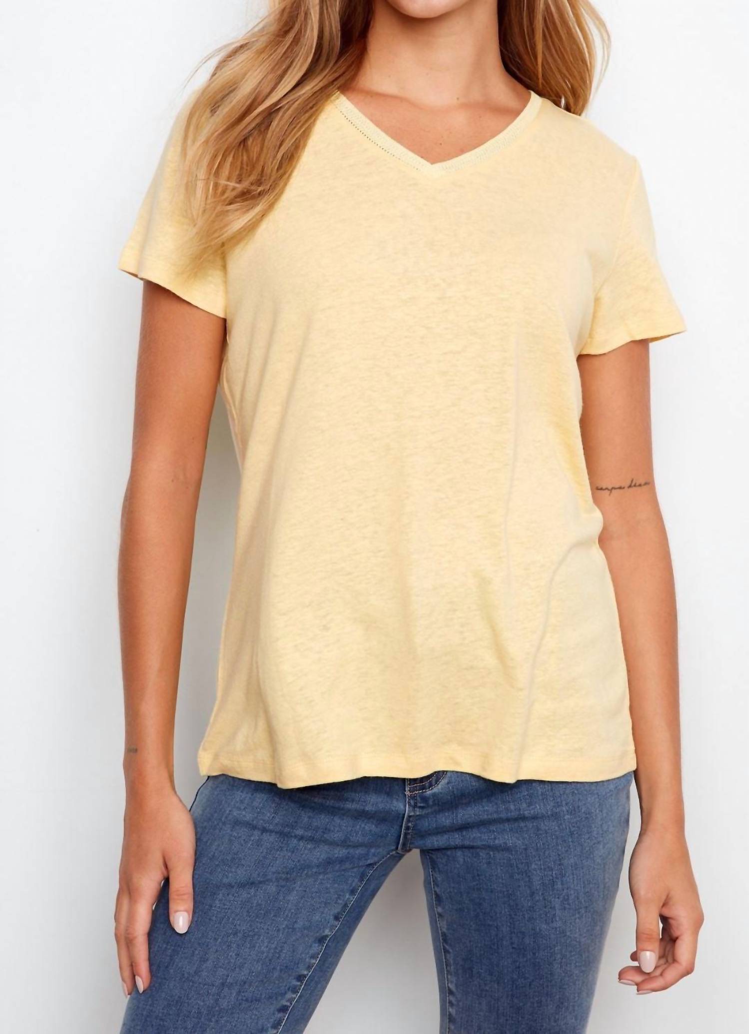 CHARLIE B Linen Blend V-neck T-shirt in sunshine - women's t-shirt