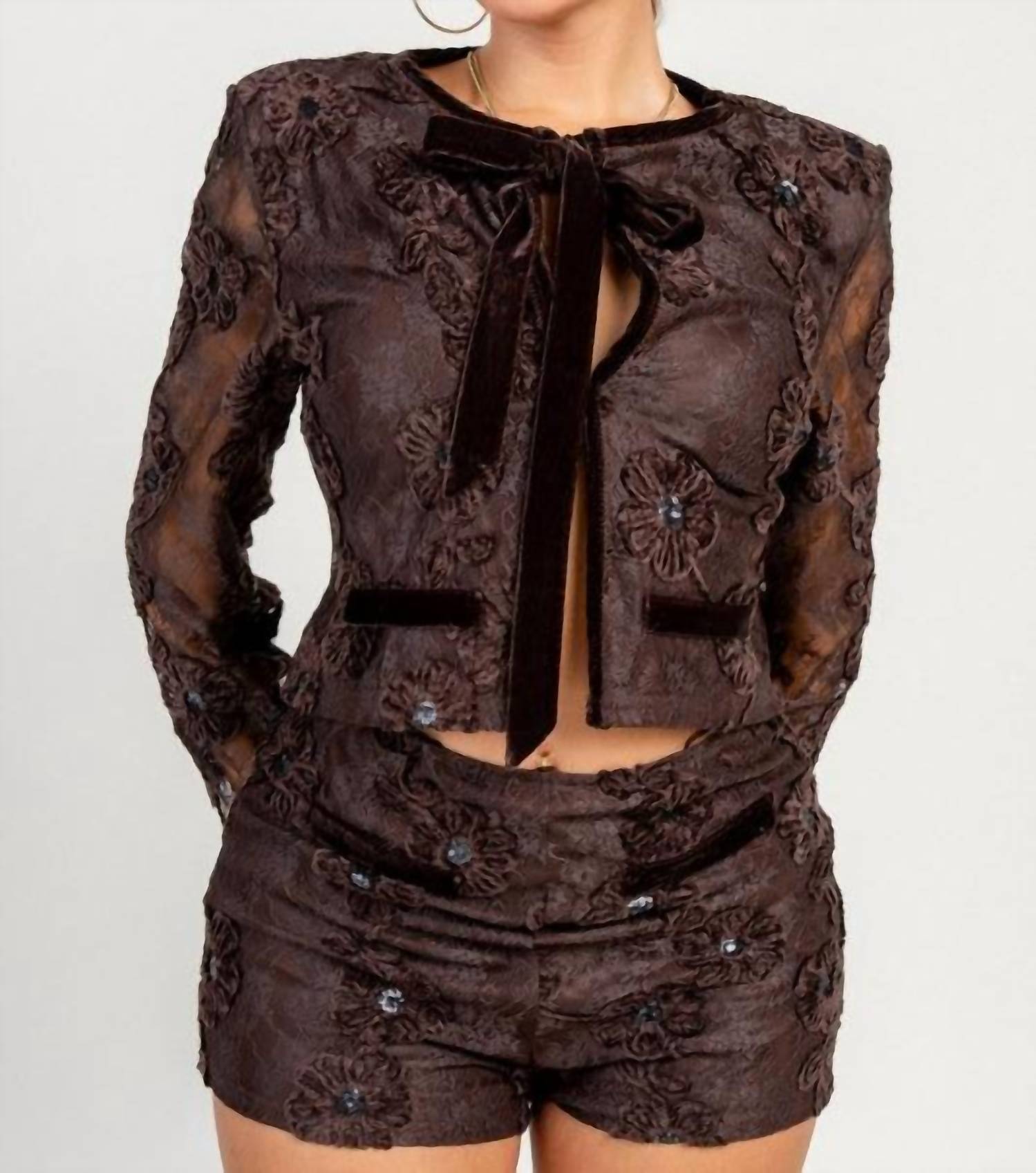 PRIVY Eden Floral Lace Jacket & Short Set in brown - women's sleepwear - detail view