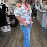Thml - Floral Satin Short Sleeve Top With Contrast Bands