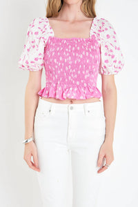 2.7 August Apparel - Contrast Floral Smocked Top
