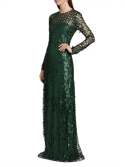 Monique Lhuillier - Aimee Sequined Lattice Long-sleeve Gown